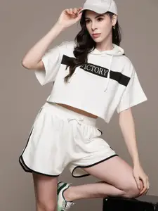 The Roadster Lifestyle Co. Women Drop-Shoulder Sleeves Crop Hoodie Sweatshirt With Shorts