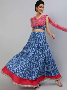 AKS Blue & Red Printed Ready to Wear Lehenga & Blouse With Dupatta
