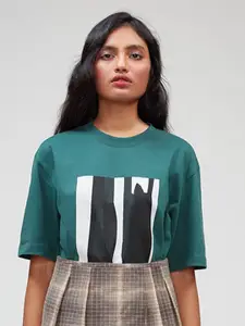 Bhaane Graphic Printed Drop-Shoulder Pure Cotton Oversized T-shirt