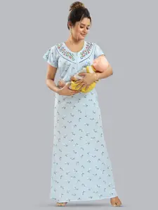 FOMTI Conversational Printed Pure Cotton Feeding Maternity Maxi Nightdress