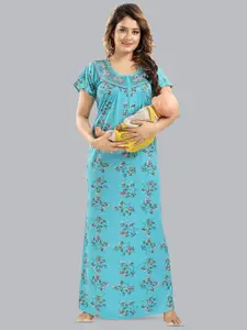 FOMTI Floral Printed Pure Cotton Feeding Maternity Maxi Nightdress