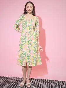 DressBerry Green Floral Printed Cotton  A-Line Midi Dress