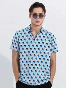Snitch Blue, Grey & Black Conversational Printed Polo Collar T-shirt