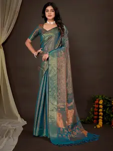 Mitera Green & Gold-Toned Woven Design Zari Silk Blend Kanjeevaram Saree