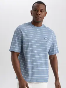 DeFacto Striped Round Neck Drop-Shoulder Sleeves Pure Cotton T-shirt