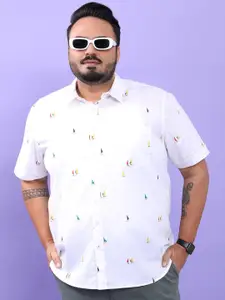 HIGHLANDER Plus Size White Conversational Printed Spread Collar Casual Shirt