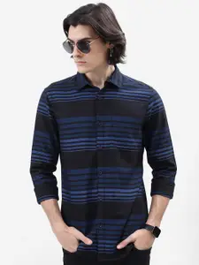 HIGHLANDER Navy Blue Horizontal Striped Slim Fit Spread Collar Casual Shirt