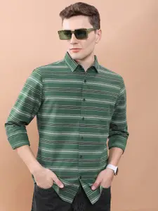 HIGHLANDER Green & White Horizontal Striped Slim Fit Twill Weave Casual Shirt