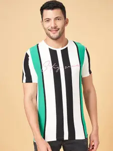 People Green Striped Pure Cotton Slim Fit T-shirt