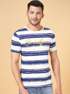 People Blue Striped Pure Cotton Slim Fit T-shirt