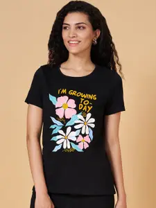 People Black Floral Printed Pure Cotton Slim Fit T-shirt