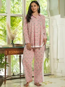 SANSKRUTIHOMES Floral Printed Pure Cotton High Low Top & Palazzo Night suit