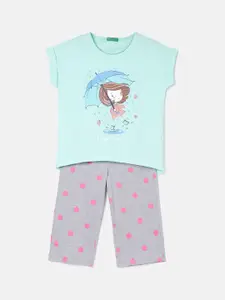United Colors of Benetton Girls Graphic Printed Pure Cotton T-Shirt With Palazzos