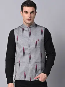 Vastraa Fusion Vastraa Mandarin Collar Geometric Ikat Printed Nehru Jacket