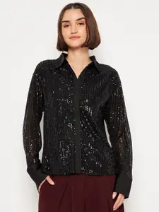 Madame Sequined Cuff Sleeves Embellished Shirt Style Top