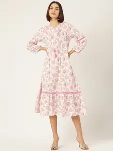 MISRI Floral Print Tie-Up Neck Cotton A-Line Midi Dress