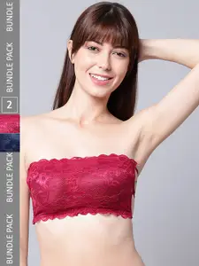 PIBU Pack Of 2 Full Coverage Non Padded Non-Wired Lace Bandeau Bra With 360 Degree Support