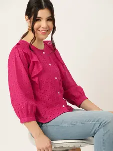 DressBerry Embroidered Schiffli Puff Sleeves Ruffles Cotton Pure Cotton Shirt Style Top