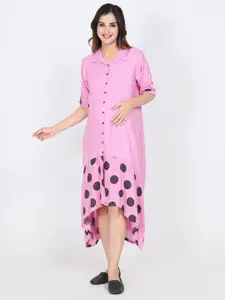CHARISMOMIC Polka Dot Printed Maternity Shirt Style Midi Dress