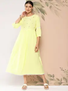 Nayo Yellow Embroidered Cotton Fit & Flare Maxi Dress