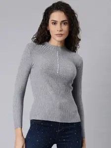 SHOWOFF Self Design High Neck Ribbed Fitted Top