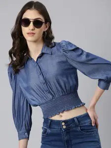 SHOWOFF Shirt Collar Cuffed Sleeves Smocked Cotton Shirt Style Crop Top