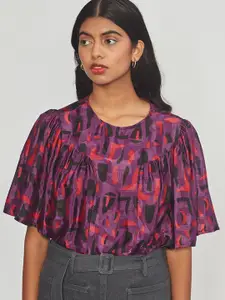 Bhaane Abstract Printed Flared Sleeves Gathered Regular Top