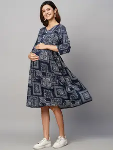 MomToBe Ethnic Motifs Print Maternity A-Line Sustainable Dress