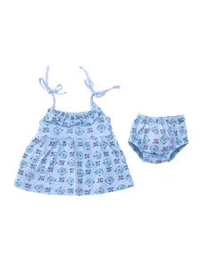 Dear Little Girls Conversational Printed Spaghetti Fit & Flare Pure Cotton Dress & Bloomer