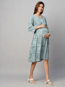 MomToBe Ethnic Motifs Printed Maternity A-Line Sustainable Dress