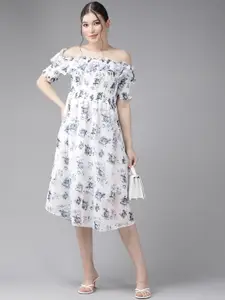 Aarika Floral Print Off-Shoulder Puff Sleeve Ruffled Georgette A-Line Midi Dress