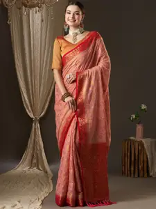 Anouk Pink & Red Woven Design Zari Pure Georgette Kanjeevaram Saree