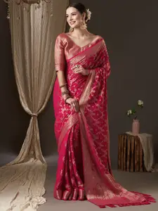 Anouk Pink & Gold-Toned Woven Design Zari Pure Georgette Kanjeevaram Saree