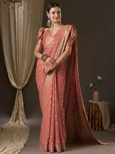 Anouk Peach-Coloured & Gold-Toned Woven Design Zari Pure Georgette Kanjeevaram Saree