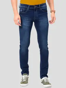 MOZZO Men Lean Mid Rise Clean Look Whiskers and Chevrons Light Fade Slim Fit Jeans