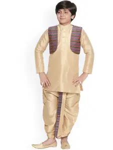 BAESD Boys Mandarin Collar Silk Cotton Kurta with Dhoti Pants & Jacket