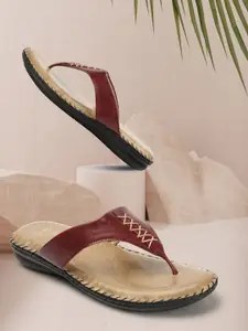 Denill Women Maroon Textured T-Strap Flats