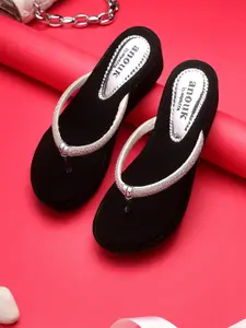 Anouk Silver-Toned & Black Embellished Open Toe Flatform Heels