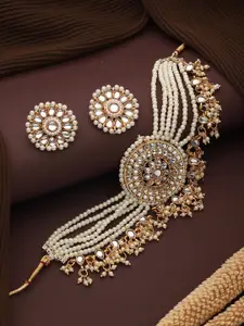 Anouk Gold-Plated Kundan-Studded & Beaded Necklace & Earrings
