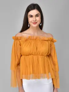 MAZIE Off-Shoulder Flared Sleeve Gathered Cotton Bardot Top