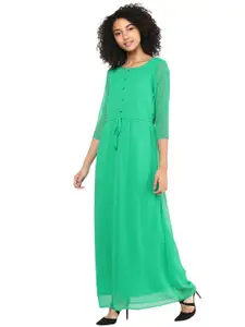 Harpa Women Sea Green Solid Georgette Maxi Dress with Gathers