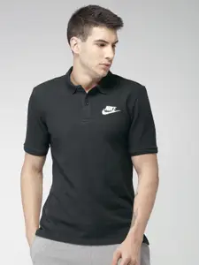 Nike Men Black Solid Polo Collar Pure Cotton T-shirt