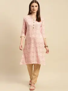 Rangita Peach-Coloured Floral Printed Round Neck Viscose Rayon Kurta