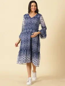 PURPLE FLAUNT Geometric Printed Maternity A-Line Midi Chiffon Dress