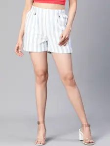 Oxolloxo Women Stripe Print Elasticated Buttoned Cotton Shorts
