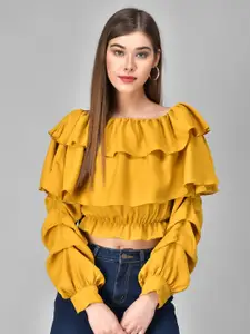 MAZIE Boat Neck Cuffed Sleeves Gathered Blouson Top
