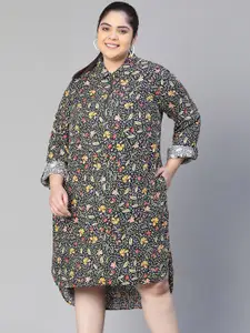 Oxolloxo Plus Size Floral Print Collared & Zipped Long Sleeve High-Low Dress