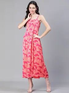 Oxolloxo Floral Printed Shoulder Straps Satin A-Line Midi Dress