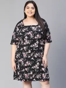 Oxolloxo Plus Size Floral Print Square Neck Short Sleeve Dress