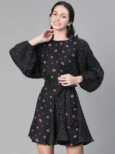 Oxolloxo Floral Printed Puff Sleeves Tie Up Detail Fit & Flare Dress